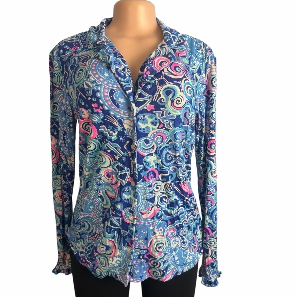 3/$30☀️Lilly Pulitzer Pajama Top Long Sleeve Button Up Ruffle Cosmic Kismet Blue